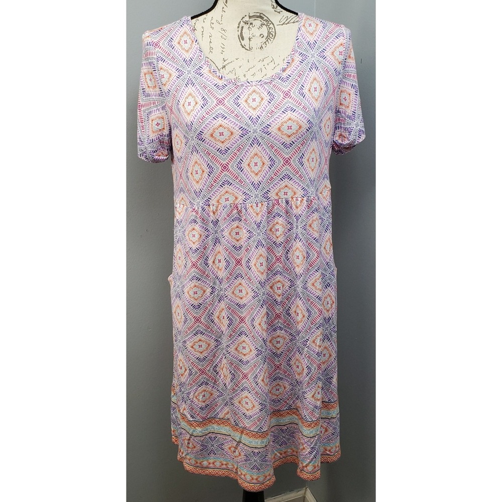 J. Jill Dress Womens Petite PS Multi Geometric Print Side Pockets Short Sleeve
